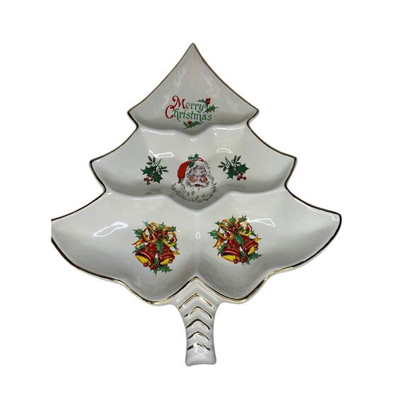 Vintage MCM Holiday Christmas Candy Nut Dish Santa Gold Trim 14 Inch - Picture 3 of 9